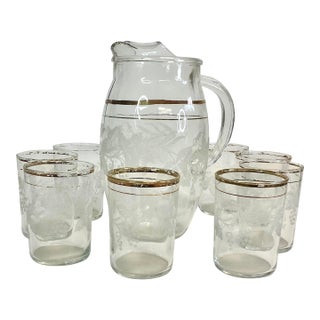 1950s Vintage Mid-Century Juice Pitcher and Glasseware Set - Set of 9 For Sale