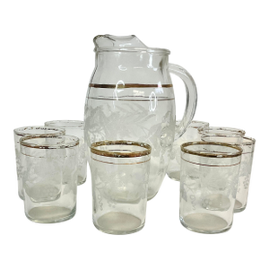 1950s Vintage Mid-Century Juice Pitcher and Glasseware Set - Set of 9.