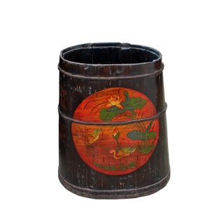 Distressed Chinese Tibetan Barrel Shape Black Floral Bucket Wood Container For Sale