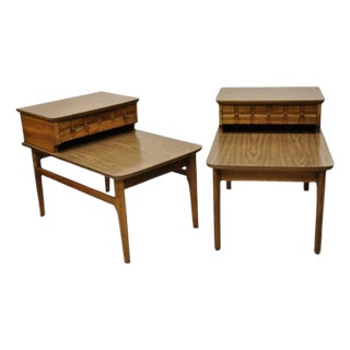 Mersman Mid Century Modern Walnut and Laminate Step Up Side End Tables - A Pair For Sale