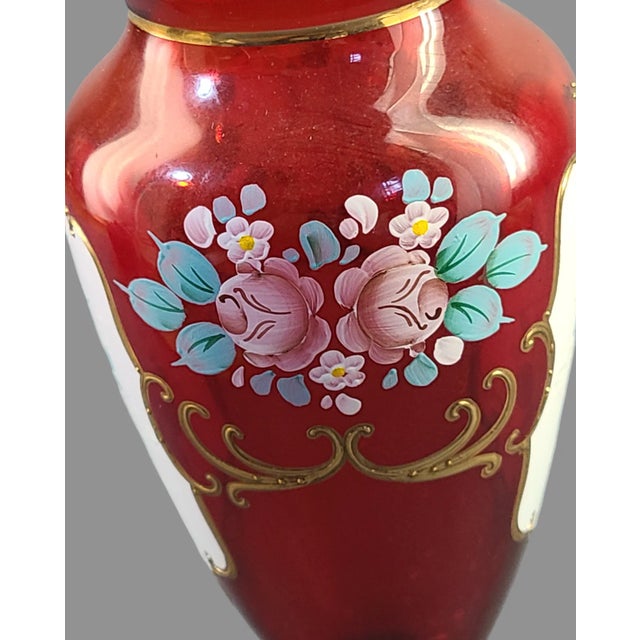 Red Vintage Bohemian Art Glass Cranberry Red Hand Painted Enamel Romantic Roses Vase For Sale - Image 8 of 10