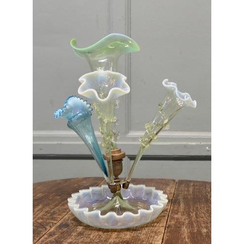 1900 - 1909 French Hand Blown Uranium Glass Three Trumpet Epergne, 1900 For Sale - Image 5 of 9