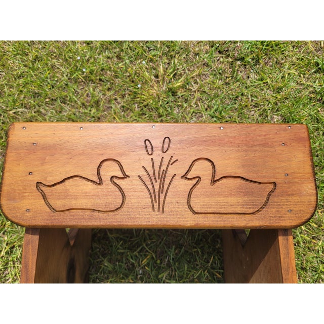 Rustic Pine Step Stool With Heart Cut-Outs and Etched Mallard Scene For Sale - Image 12 of 12