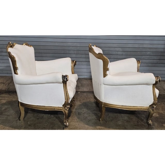 Early 20th Century Pair Italian Rococo Style Giltwood Armchairs Cream Colored Muslin Fabric For Sale - Image 9 of 11