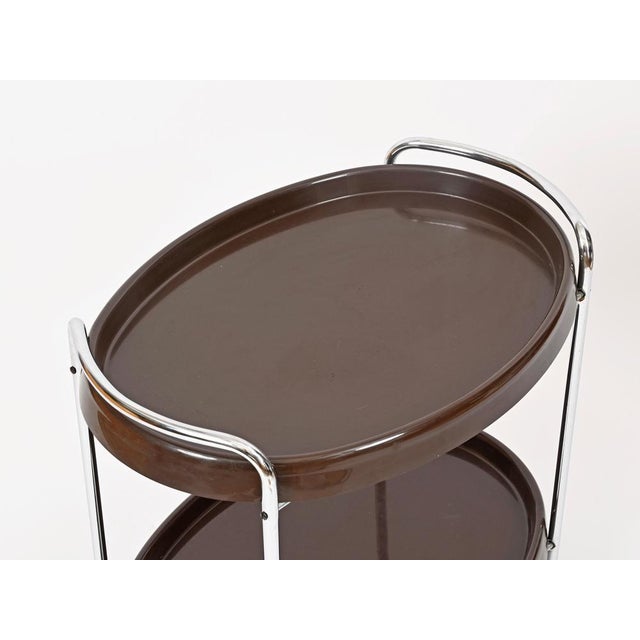Mid-Century Italian Oval Bar Cart in Chrome and Brown ABS, 1970s For Sale - Image 12 of 14