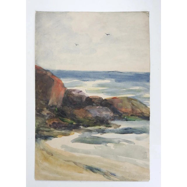 Rustic Early 20th Century Rocky Beach New England Seacoast Watercolor Painting For Sale - Image 3 of 4