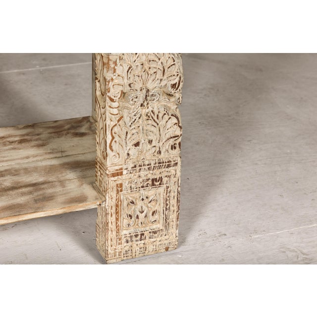 Contemporary Mughal Style Whitewash Console Table with Carved Apron and Lower Shelf For Sale - Image 3 of 12