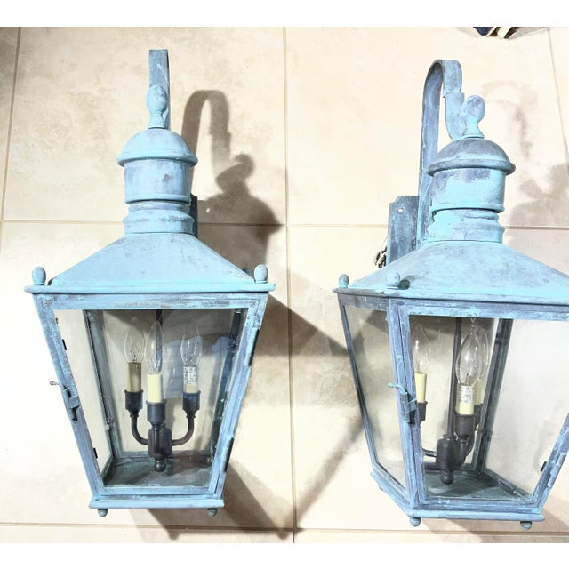 Turquoise Large Pair of Vintage Solid Brass Wall Lanterns - 12”x 12”x 24” For Sale - Image 8 of 15