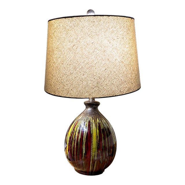 Earth-Toned Mid Century Ceramic Drip Glaze Lamp With Cream Tapered Drum Shaped Shade For Sale