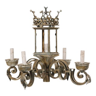 Mid 20th Century Italian Hand-Forged Iron & Painted Wood Chandelier with Regal Crown at the Top For Sale