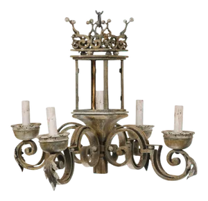 Mid 20th Century Italian Hand-Forged Iron & Painted Wood Chandelier with Regal Crown at the Top