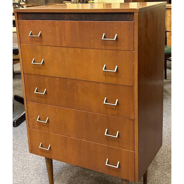 Vintage Teak Chest of Drawers. Five Compartments with Metal Hardware Mid Century Modern c. 1960.