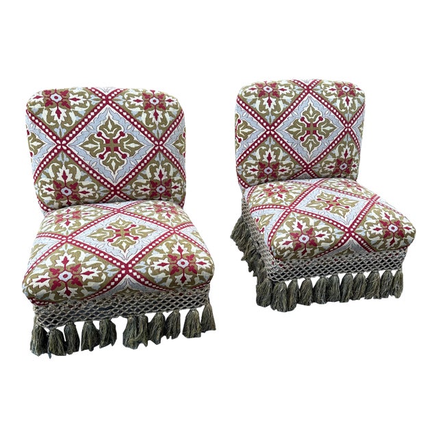 Napoleon the 3rd antique pair of tapestry slipper chairs. Very pretty silhouette and tapestry fabric.