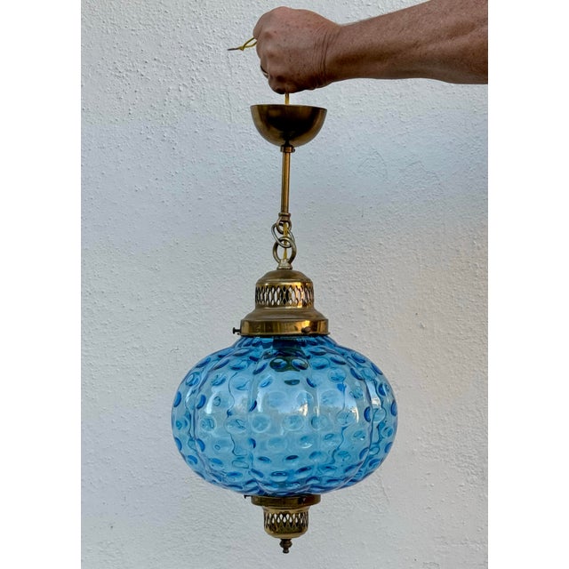 1960s 1960s Vintage Optic Coin Dot Blue Glass Lantern With Brass Canopy For Sale - Image 5 of 11