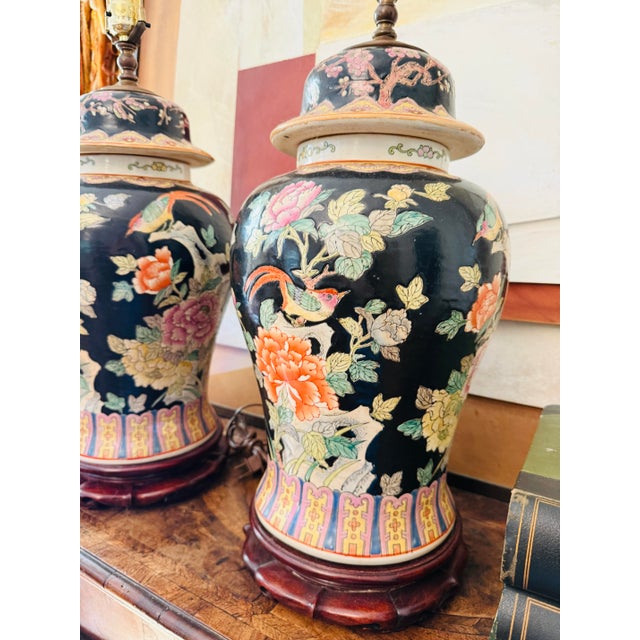Chinoiserie Vintage Chinese Famille Noire with Floral Birds Ginger Jar Table Lamps - Pair For Sale - Image 3 of 12