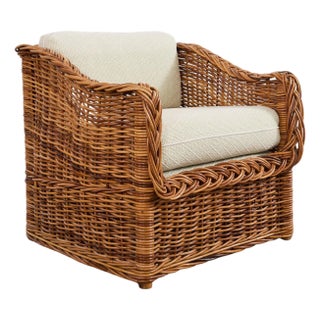 Michael Taylor Style Wicker Rattan Armchair in Scalamandre For Sale