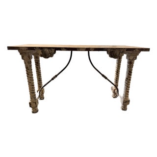 Mid 20th Century European Console Table With Turned Spindle Legs and Wrought Iron Stretcher For Sale