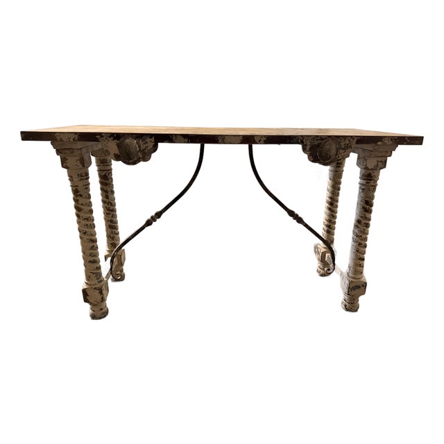 Mid 20th Century European Console Table With Turned Spindle Legs and Wrought Iron Stretcher For Sale