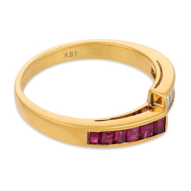 1990s Vintage Ruby Diamond 18k Yellow Gold Bypass Ring, Size 6.75 For Sale - Image 5 of 7