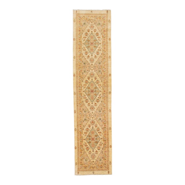 Early 21st Century Contemporary Indian Handmade Beige Floral Wool Runner For Sale