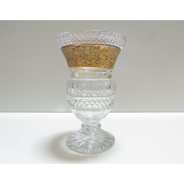 Stunning vintage Moser Glassworks 24K gold incrusted cut crystal urn-shape vase. Classic diamond cut motif, showcasing a...