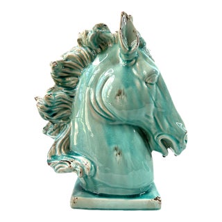 1990s Horse Head Bust Statue Turquoise Blue Glossy Distressed Crackle Snout Down For Sale