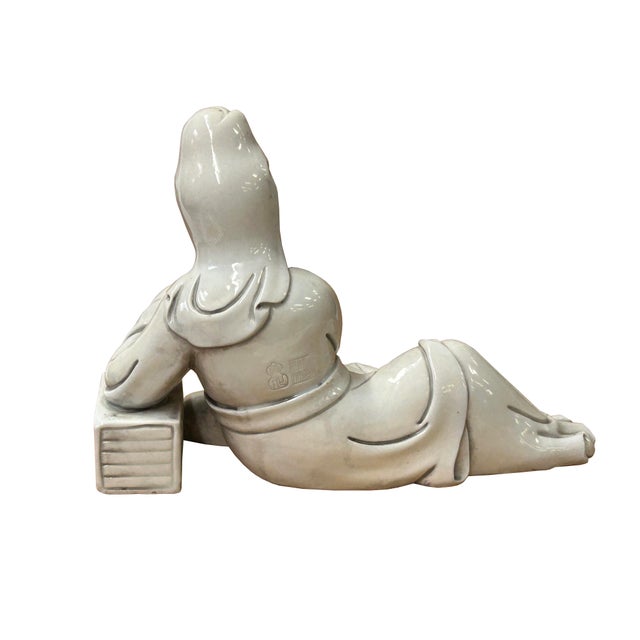 Chinese Vintage Finish Off White Porcelain Reclining Kwan Yin , Bodhisattva Statue For Sale - Image 10 of 13