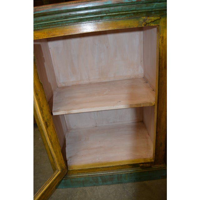 1990s Rustic Heavy Wooden Cabinet / Nightstand W/ Green Trim Patina & Single Glass Door For Sale - Image 6 of 18