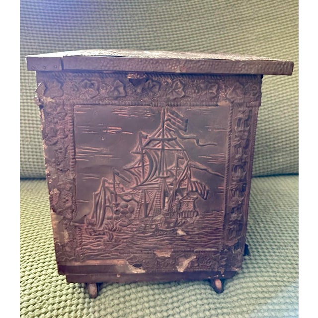 Early 20th Century Antique Early 20th Century Nautical Themed Wooden Coal/Firewood Box With Brass Embossed Exterior Panels For Sale - Image 5 of 12