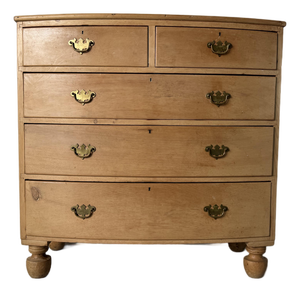 Antique 19th Century English Bow-Front Pine Chest of Drawers With Brass Hardware