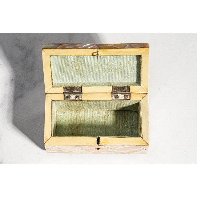 Shell Rare Antique English Mother of Pearl Jewelry Box Victorian Miniature Keepsake Box With Key For Sale - Image 7 of 14