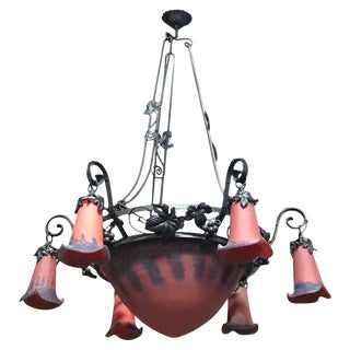 French Art Deco Red and Blue Chandelier For Sale