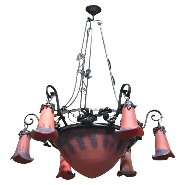 French Art Deco Red and Blue Chandelier For Sale