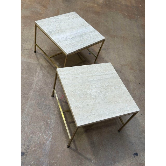 Stone Pair Paul McCobb Brass Frame Side/End Table Travertine Top, 1960 For Sale - Image 7 of 9