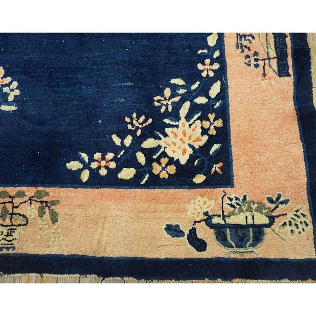 1920s Antique Blue Field Vase Medallion Wool Knotted Peking Runner Small Rug For Sale In New York - Image 6 of 11