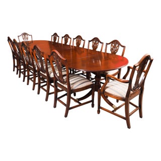 Antique Regency Revival 3-Pillar Dining Table and Shield Back Chairs, 1900s, Set of 13 For Sale