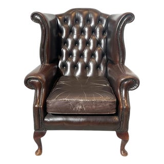 Vintage Brown Leather Wingback Armchair For Sale