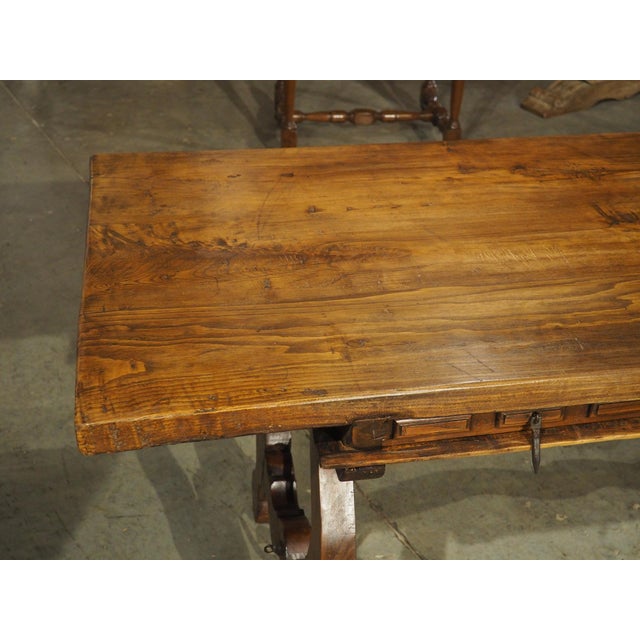 Spanish A 1900s Spanish Library Table Desk With Iron Stretchers, Shallow Frieze Drawers For Sale - Image 3 of 18
