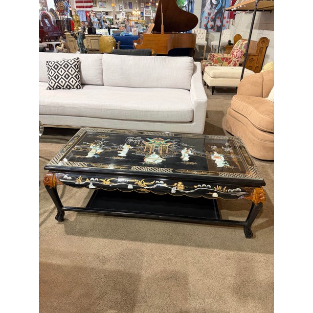 Black Vintage Black Chinoiserie Coffee Table With Shellwork & Glass Top For Sale - Image 8 of 10