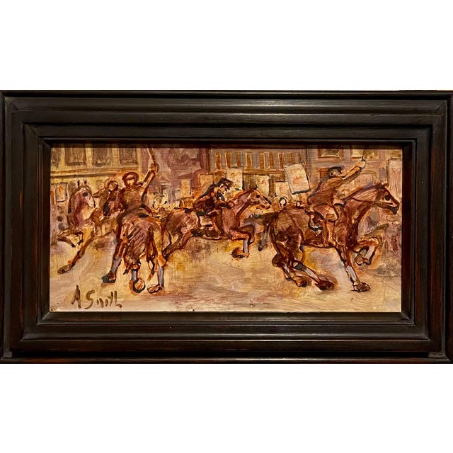 Riot, Revolution, Police figures on Horseback in City Streets. Hand signed lower right. Painting measures 6 x 12, framed 9...