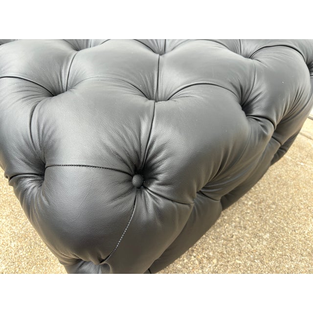 1950s Large Chesterfield Style Tufted Black Italian Leather Ottoman Bench For Sale - Image 11 of 11