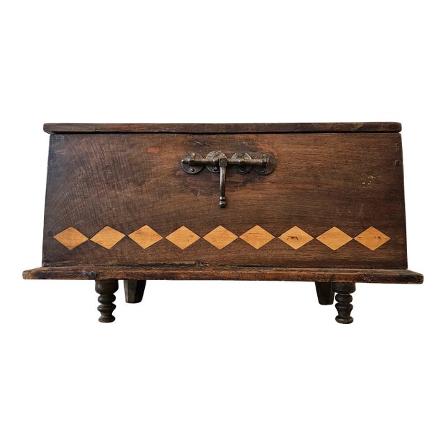 Spanish Colonial Era Antique Diamond Parquetry Inlaid Cedar Chest Box or Trunk For Sale