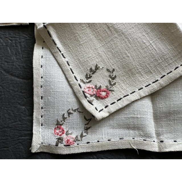Vintage Handmade Linen Cocktail Napkins With Floral Hand Embroidery Detail Set of 4 For Sale - Image 9 of 12