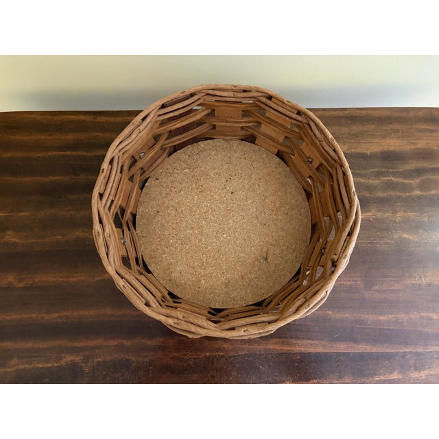 Wood Vintage Round Woven Oak Casserole Serving Basket With Leather Handles For Sale - Image 7 of 13