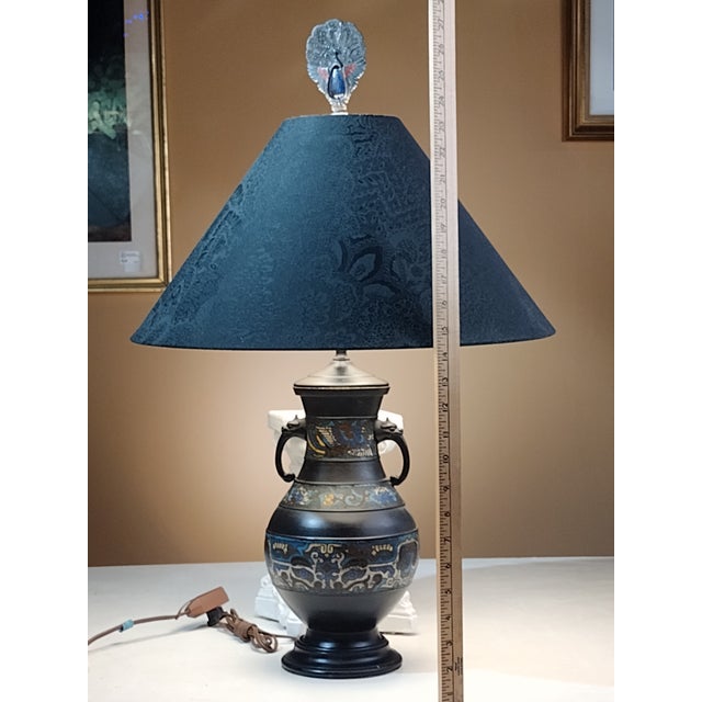 Early 20th Century Antique Bronze Champleve Vase as Table Lamp With Peacock Finial For Sale - Image 10 of 12