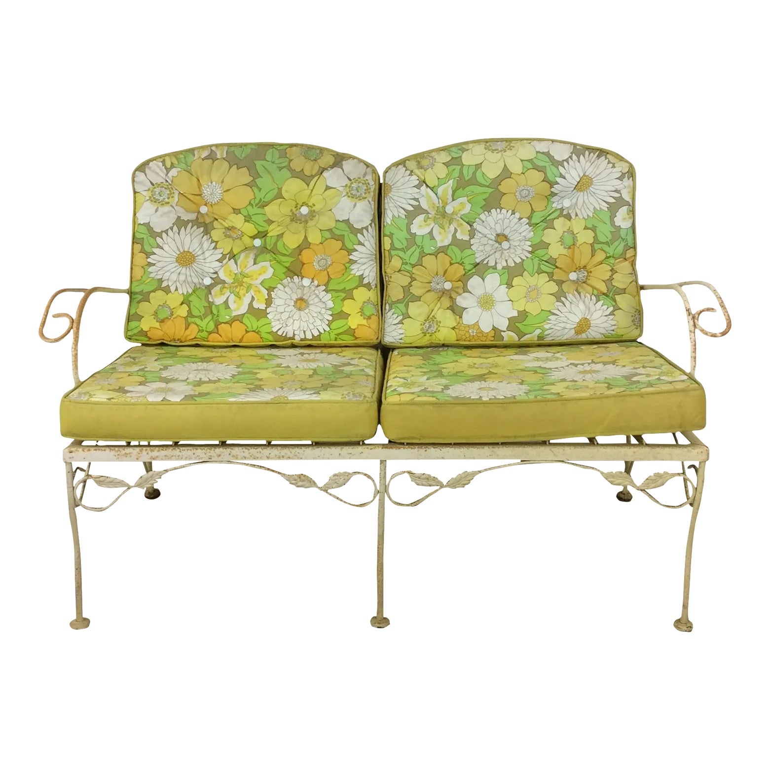 Mid Century Modern Yellow Wrought Iron Outdoor Loveseat With