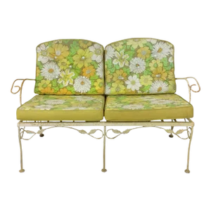 Mid Century Modern Yellow Wrought Iron Outdoor Loveseat With Vintage Floral Upholstery