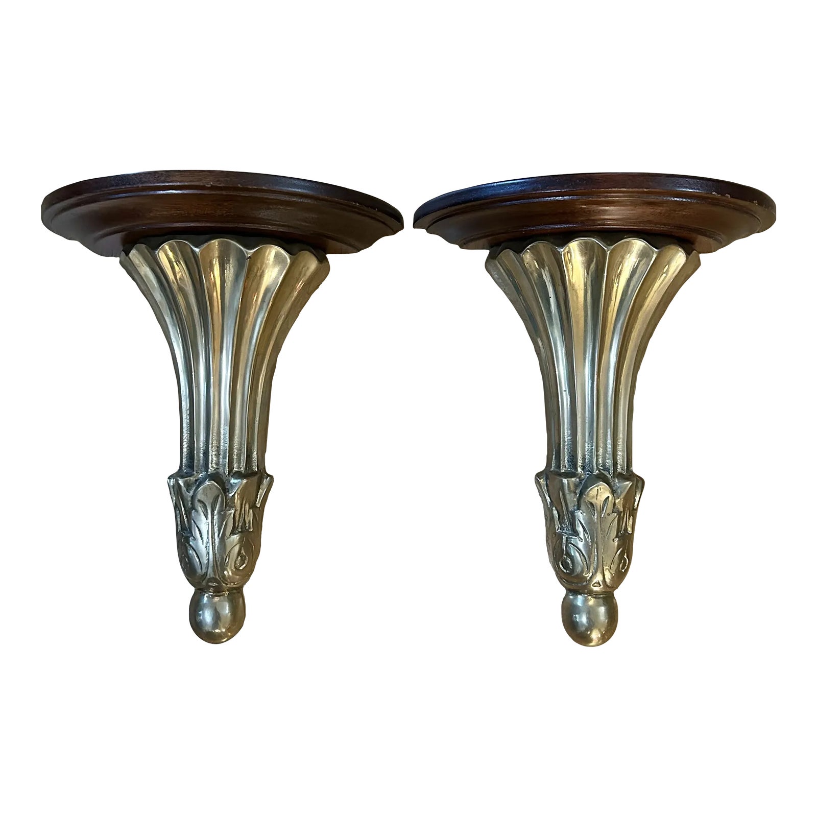 Vintage Neoclassical Cast Brass and Mahogany Wall Shelf Sconces - a ...