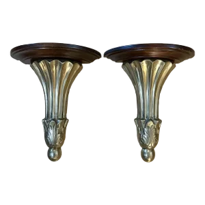 Vintage Neoclassical Cast Brass and Mahogany Wall Shelf Sconces - a Pair