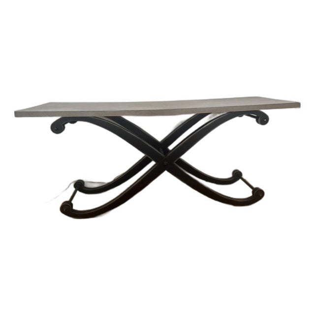 Large Rectangular Stone-Effect Top Console Table With Cross Legs For Sale